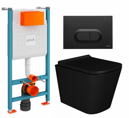 Комплект 3 в 1 инсталляция VitrA V-Fix Core + Унитаз подвесной Enio Binario BL EN4180225 + кнопка черная матовая