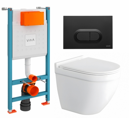 Комплект 3 в 1 инсталляция VitrA V-Fix Core + Унитаз подвесной Enio Pulito EN1170052 + кнопка черная матовая