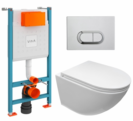 Комплект 3 в 1 инсталляция VitrA V-Fix Core + Подвесной безободковый унитаз CeruttiSpa Sella aria CT7183 + кнопка хром