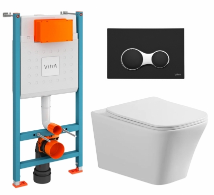 Комплект 3 в 1 инсталляция VitrA V-Fix Core + Унитаз подвесной Vincea Cool VT1-210 + кнопка черная матовая
