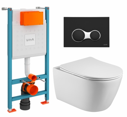 Комплект 3 в 1 инсталляция VitrA V-Fix Core + Унитаз подвесной Акватек Вега AQ1905-00 + кнопка черная матовая
