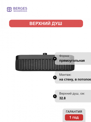 Верхний душ Berges Wasserhaus U2 070012 матовый черный