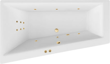 Акриловая ванна Excellent Sfera Line L 170x100 см, угловая, с гидромассажем, с каркасом, со сливом-переливом, фурнитура золото, асимметричная
