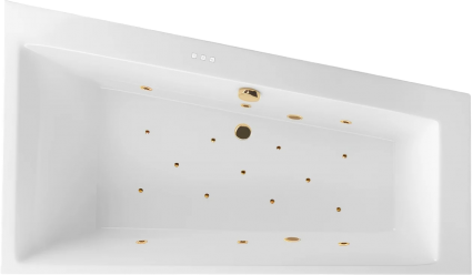 Акриловая ванна Excellent Sfera Slim Relax R 170x100 см, угловая, с гидромассажем, с каркасом, со сливом-переливом, фурнитура золото, асимметричная