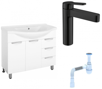 Комплект: Тумба с раковиной Style Line Жасмин 100 + Смеситель BelBagno Delta DEL-LVM-NERO + Сифон АниПласт