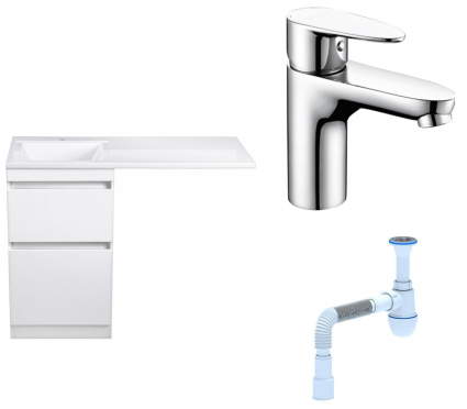Комплект: Тумба с раковиной Style Line Даллас 110 Люкс Plus + Смеситель Wasserkraft Leine 3503 + Сифон АниПласт