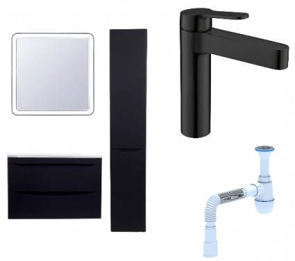 Комплект: Мебель для ванной Style Line Бергамо Мини 80 Люкс Plus + Смеситель BelBagno Delta DEL-LVM-NERO + Сифон АниПласт