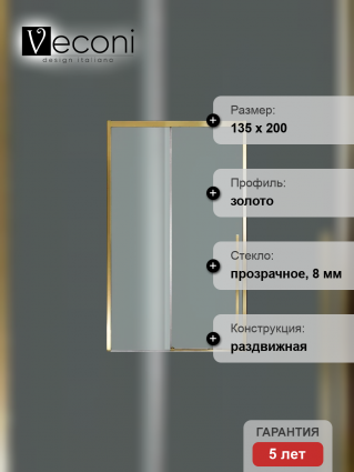 Дверь для душевого уголка Veconi Premium Trento PTD-30G 140 см, профиль брашированное золото, стекло прозрачное