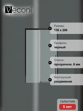 Дверь для душевого уголка Veconi Premium Trento PTD-30B 140 см, профиль черный матовый, стекло прозрачное