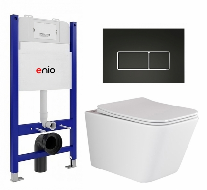 Комплект 3 в 1 инсталляция Enio Tecnico 50 EN8050050 + Унитаз подвесной Ceramica Nova Metric Rimless CN3007 + кнопка черная матовая, окантовка хром Rettangolo