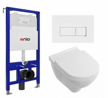 Комплект 3 в 1 инсталляция Enio Tecnico 52 EN8050052 + Унитаз подвесной Villeroy & Boch O Novo + кнопка белая, окантовка хром Rettangolo