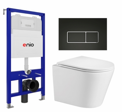 Комплект 3 в 1 инсталляция Enio Tecnico 52 EN8050052 + Подвесной унитаз WeltWasser Salzbach 043 GL-WT + кнопка черная матовая, окантовка хром Rettangolo