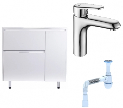 Комплект: Тумба с раковиной Style Line Барселона 90 Люкс Plus L + Смеситель Lemark Point LM0306C + Сифон АниПласт
