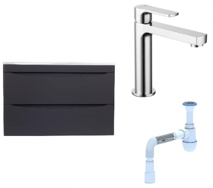Комплект: Тумба с раковиной Style Line Бергамо Мини 80 Люкс Plus + Смеситель Lemark plus Grace LM1537C + Сифон АниПласт