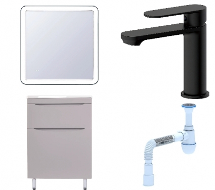 Комплект: Мебель для ванной Style Line Бергамо Мини 60 Люкс Plus + Смеситель Haiba HB10590-7 + Сифон АниПласт
