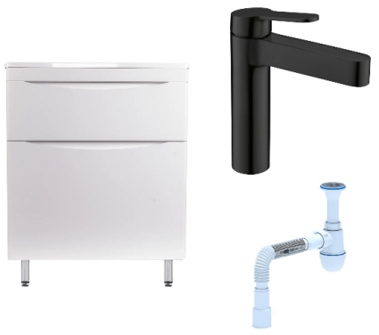 Комплект: Тумба с раковиной Style Line Бергамо Мини 70 Люкс Plus + Смеситель BelBagno Delta DEL-LVM-NERO + Сифон АниПласт