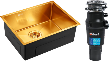 Комплект Мойка кухонная Emar PVD EMB-123 PVD Nano Golden + Измельчитель Bort Titan 7000