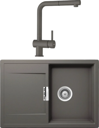 Комплект Мойка кухонная Schock Eton 45D Cristadur серебристый камень + Смеситель Cristadur Epos-D full color выдвижной излив, серебристый камень