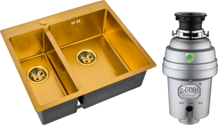 Комплект Мойка кухонная Zorg Inox PVD SZR-59-2-51-R BRONZE R, бронза + Измельчитель Inox D ZR-56 D
