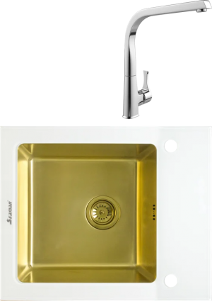 Комплект Мойка кухонная Seaman Eco Glass SMG-610W-Gold + Смеситель MEGA Mega MG-SUN03