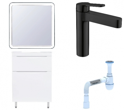 Комплект: Мебель для ванной Style Line Бергамо Мини 60 Люкс Plus + Смеситель BelBagno Delta DEL-LVM-NERO + Сифон АниПласт