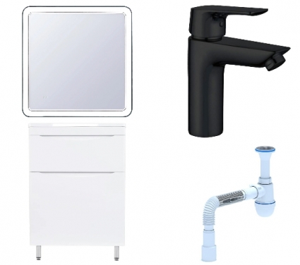 Комплект: Мебель для ванной Style Line Бергамо Мини 60 Люкс Plus + Смеситель Aquanet Static AF330-10B + Сифон АниПласт