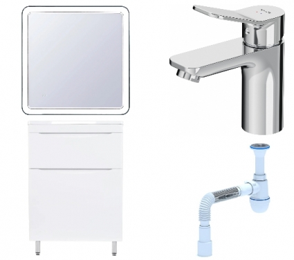 Комплект: Мебель для ванной Style Line Бергамо Мини 60 Люкс Plus + Смеситель Am.Pm X-Joy F85A02100 + Сифон АниПласт