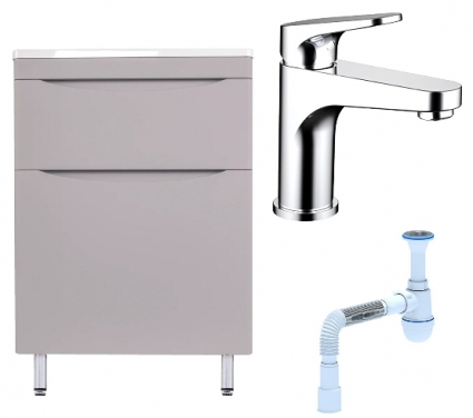 Комплект: Тумба с раковиной Style Line Бергамо Мини 60 Люкс Plus + Смеситель Bravat Eler F1191238CP-RUS + Сифон АниПласт