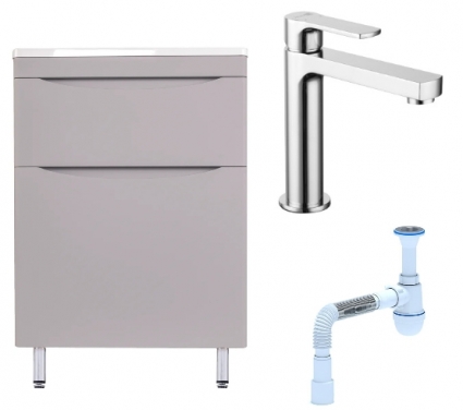 Комплект: Тумба с раковиной Style Line Бергамо Мини 60 Люкс Plus + Смеситель Lemark plus Grace LM1537C + Сифон АниПласт