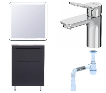 Комплект: Мебель для ванной Style Line Бергамо Мини 60 Люкс Plus + Смеситель Am.Pm X-Joy F85A02100 + Сифон АниПласт