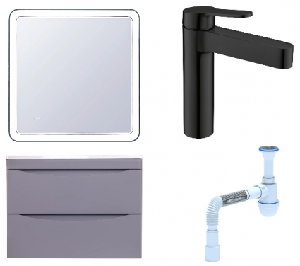 Комплект: Мебель для ванной Style Line Бергамо Мини 70 Люкс Plus + Смеситель BelBagno Delta DEL-LVM-NERO + Сифон АниПласт