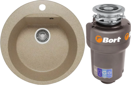 Комплект Мойка Polygran Atol 627475 песочная + Измельчитель Bort Titan Max Power FullControl