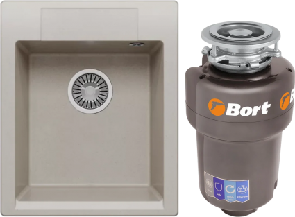 Комплект Мойка Polygran Argo 420 серая + Измельчитель Bort Titan Max Power