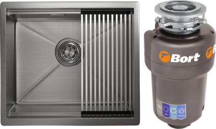 Комплект Мойка Granula Kitchen Space 5045U, сталь сатин + Измельчитель Bort Titan Max Power FullControl