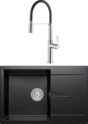 Комплект Мойка Polygran Gals 760 черная + Смеситель Rush MS9035-35Black черный, с гибким изливом