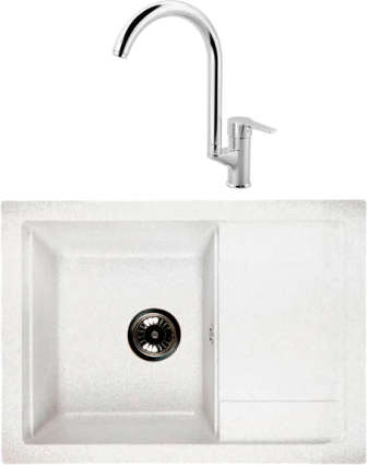 Комплект Мойка Whinstone Мунго 650 белый + Смеситель MEGA Snow MG-SH03 хром