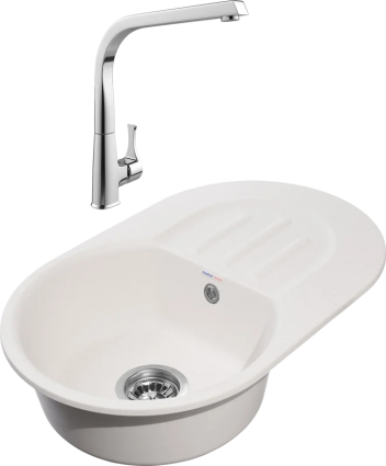 Комплект Мойка GranFest Smart SM 680 L белая + Смеситель MEGA Mega