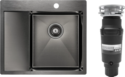 Комплект Мойка Paulmark Kroner PM225951-GMR вороненая сталь R + Измельчитель Bone Crusher BC 910-SL-Slim Line