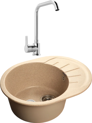 Комплект Мойка GranFest Rondo GF-R580L песочный + Смеситель MEGA Ege MG-PL10 хром