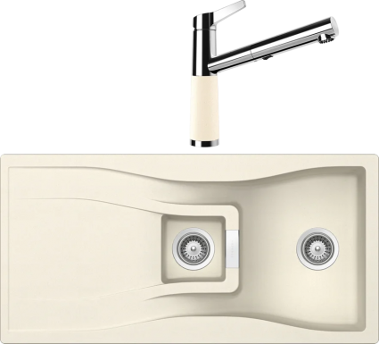 Комплект Мойка Schock Waterfall 60D (D-150) Cristadur магнолия, интегрированная + Смеситель Cristadur SC-510-D выдвижной излив, магнолия