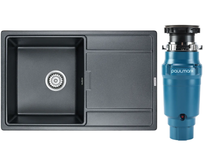 Комплект Мойка Paulmark Flugen 50-780 PM217850-BLM черный металлик + Измельчитель Intenso