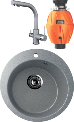 Комплект Мойка Ulgran U-405 -309 темно-серая + Смеситель Paulmark Essen Es213011-402 серый металлик + Измельчитель Omoikiri Nagare 500