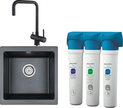 Комплект Мойка кухонная Paulmark Brilon PM104546-BLM черный металлик + Смеситель Wetter We213030-418 черный металлик + Фильтр Refine System