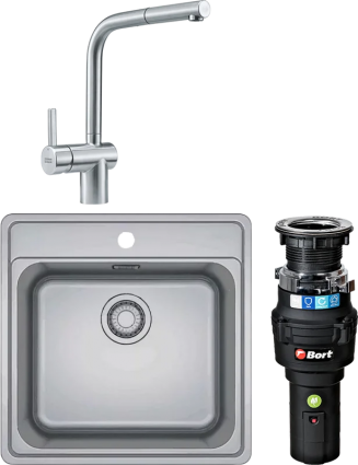 Комплект Мойка Franke Bell ВСX 610-51 TL нержавеющая сталь + Смеситель Atlas Neo выдвижной излив, нержавеющая сталь + Измельчитель Bort Caiman
