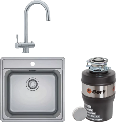Комплект Мойка Franke Bell BCX 610-42 TL нержавеющая сталь + Смеситель Eos Clear Water нержавеющая сталь + Измельчитель Bort Alligator Mega