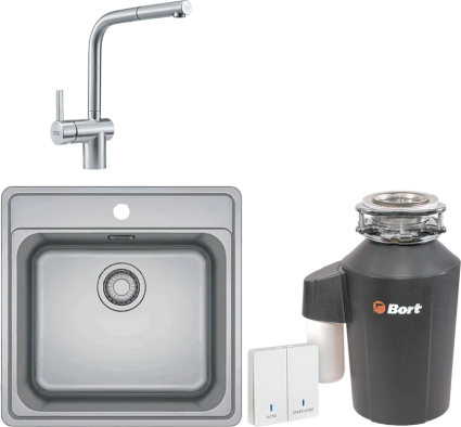 Комплект Мойка Franke Bell BCX 210-51 TL нержавеющая сталь + Смеситель Atlas Neo выдвижной излив, нержавеющая сталь + Измельчитель Bort Alligator Green