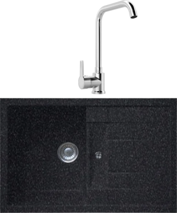 Комплект Мойка Whinstone Коралл 1B 1D черный металлик + Смеситель MEGA Ege MG-PL10 хром