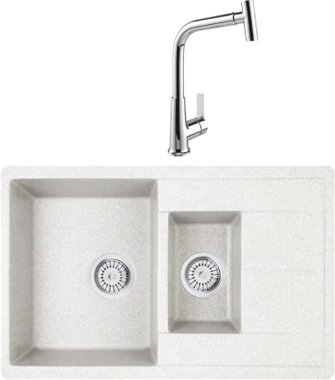 Комплект Мойка Whinstone Гурон 1 1/2B 1D белый + Смеситель MEGA Life MG-TK09 хром