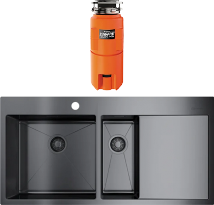Комплект Мойка Omoikiri Akisame 100-2-GM-L вороненая сталь + Измельчитель Nagare slim 900