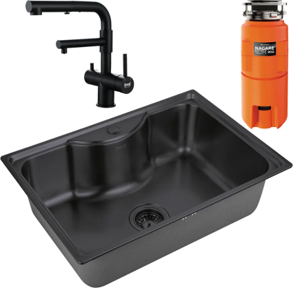 Комплект Мойка Zorg Inox PVD SZR 6545 GRAFIT графит + Смеситель Sanitary SZR-3216 Grafit графит + Измельчитель Omoikiri Nagare slim 900